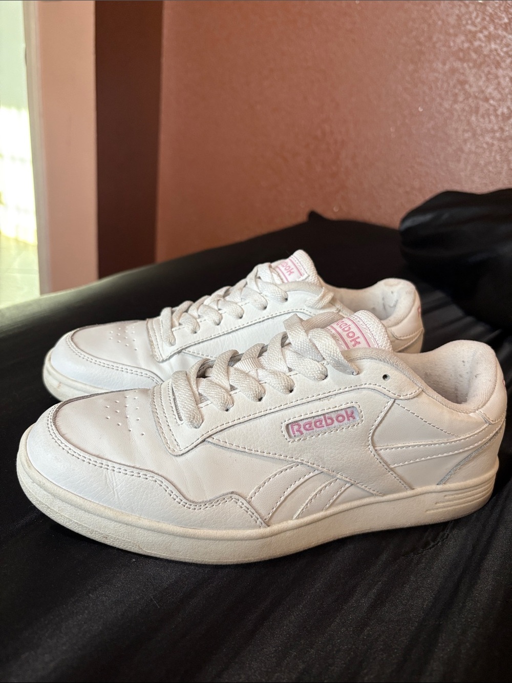 Reebok Women's White Leather Sneakers with Pink Accents